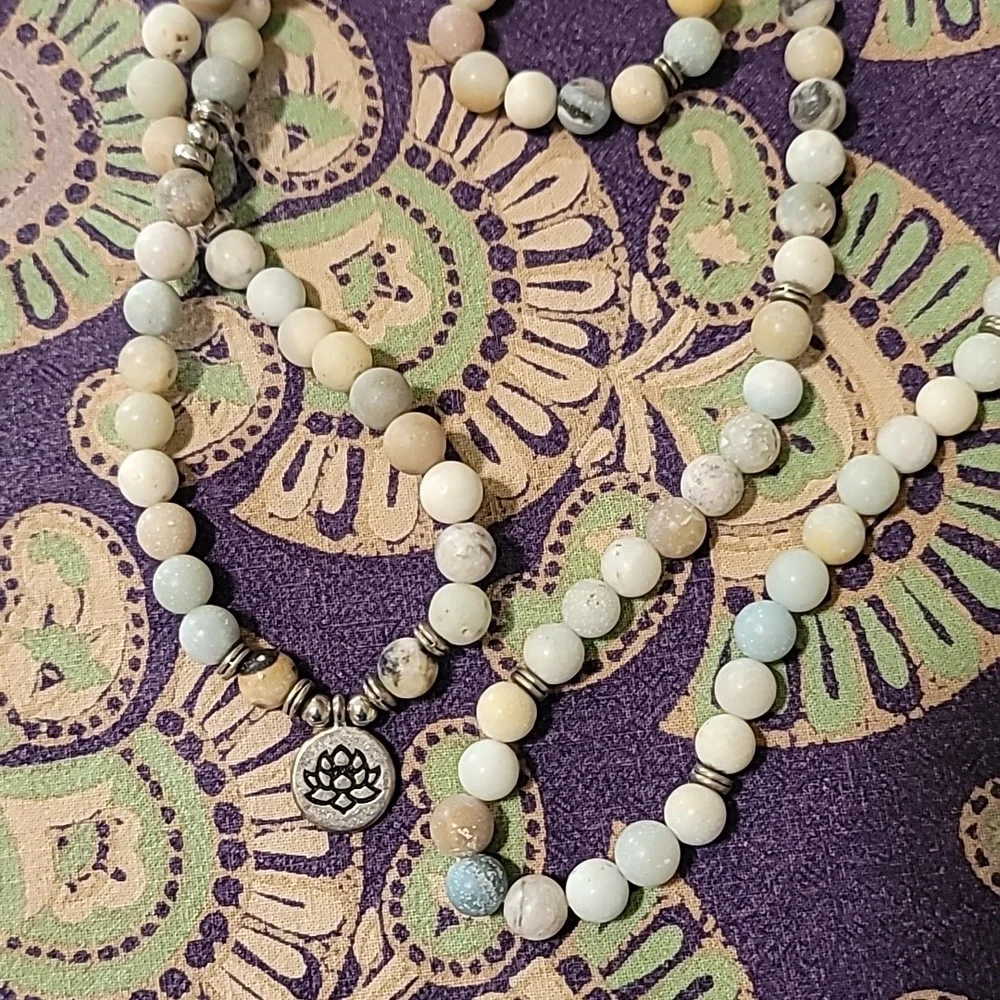 Beautiful Natural Stone and Silver Bead Lotus Charm Necklace - Long and Stretchy - Picture 3 of 5